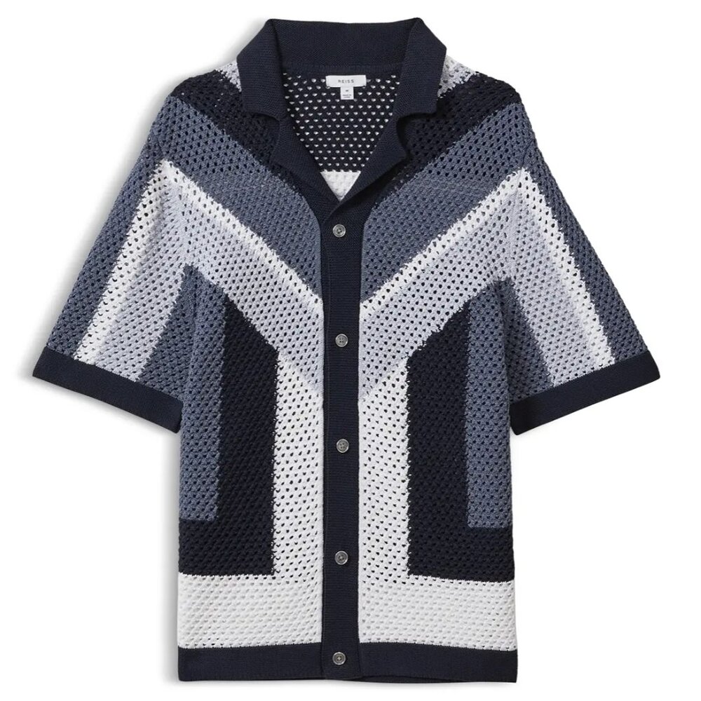 NWT REISS Panko Crochet Color Blocked Button Down Heavy Shirt Open Knit XL $285